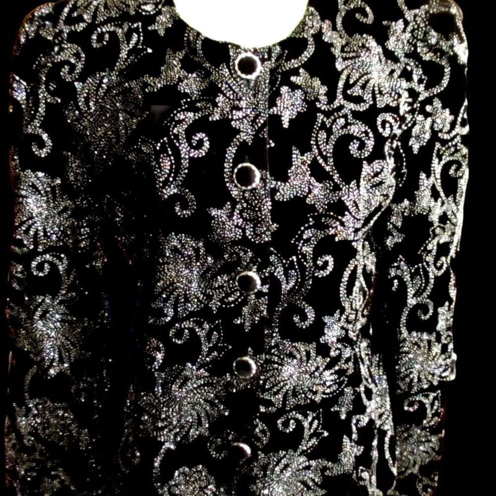 Vtg Medium Black Velvet Jacket R&K Evenings Silver Embroidered Floral Pattern